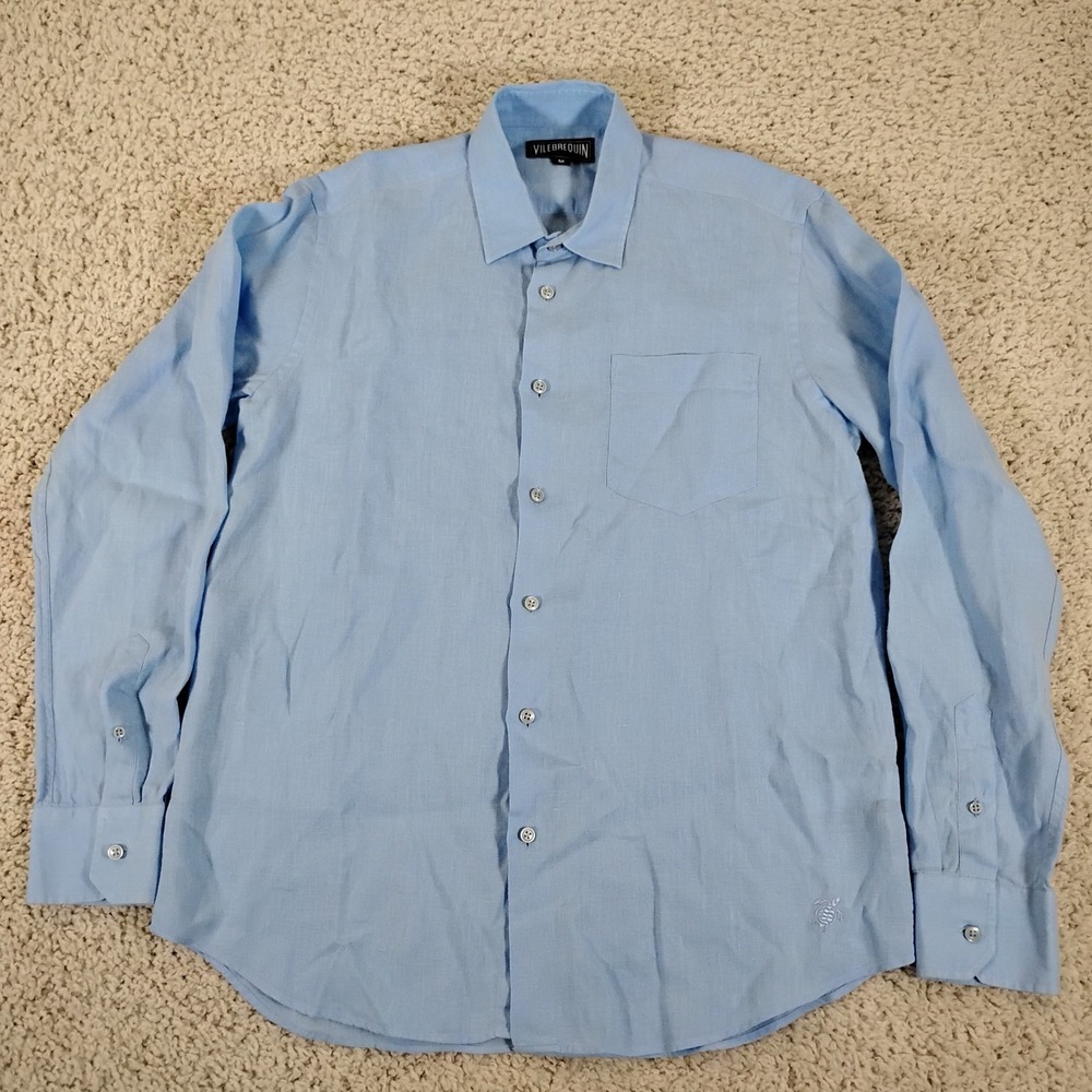Vilebrequin Shirt Mens Medium Blue 100% Linen Long Sleeve Button Beach Designer